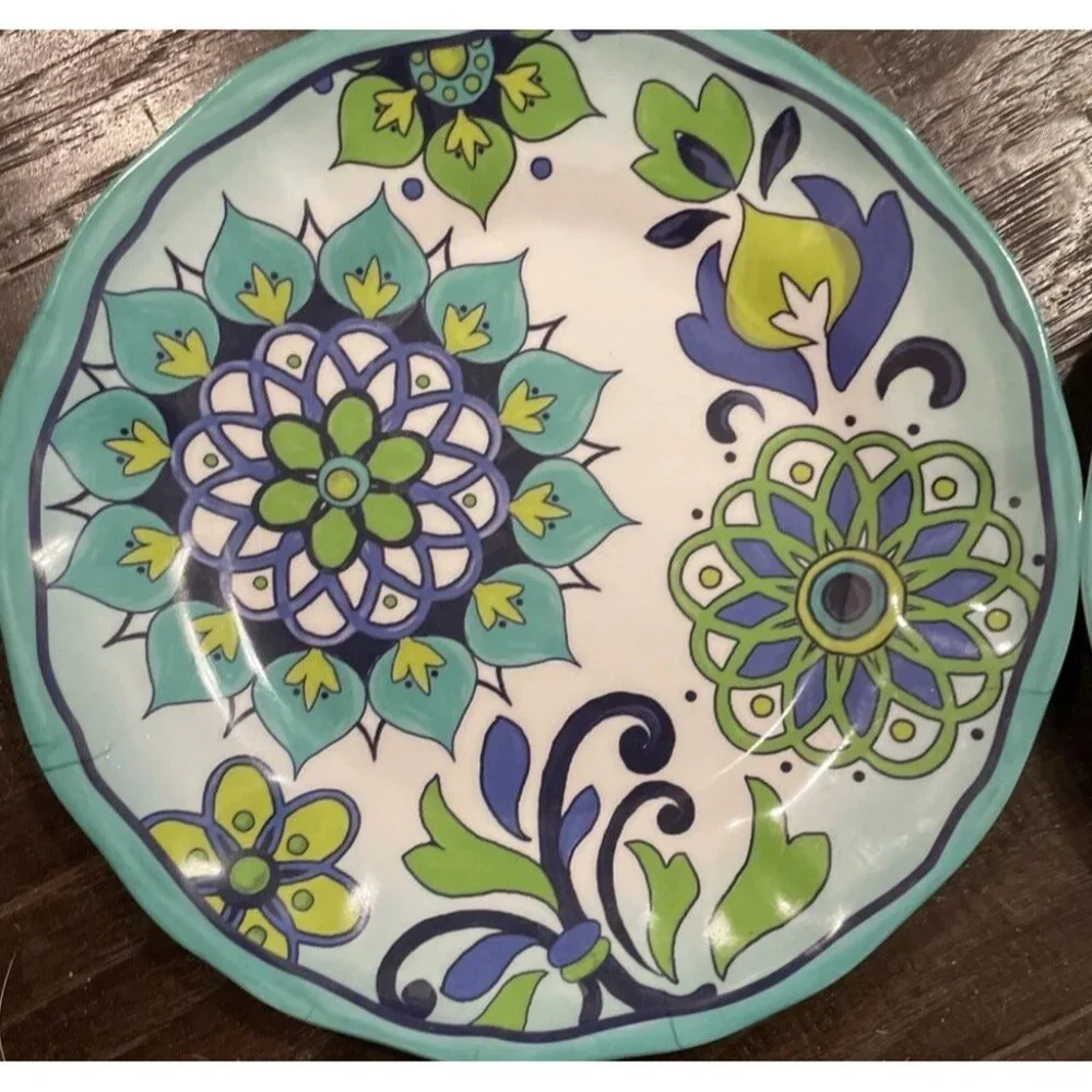 Melamine‎ Salad Plates Blue Colorful Floral Flowers Set Of 6 Boho Cottage Beach